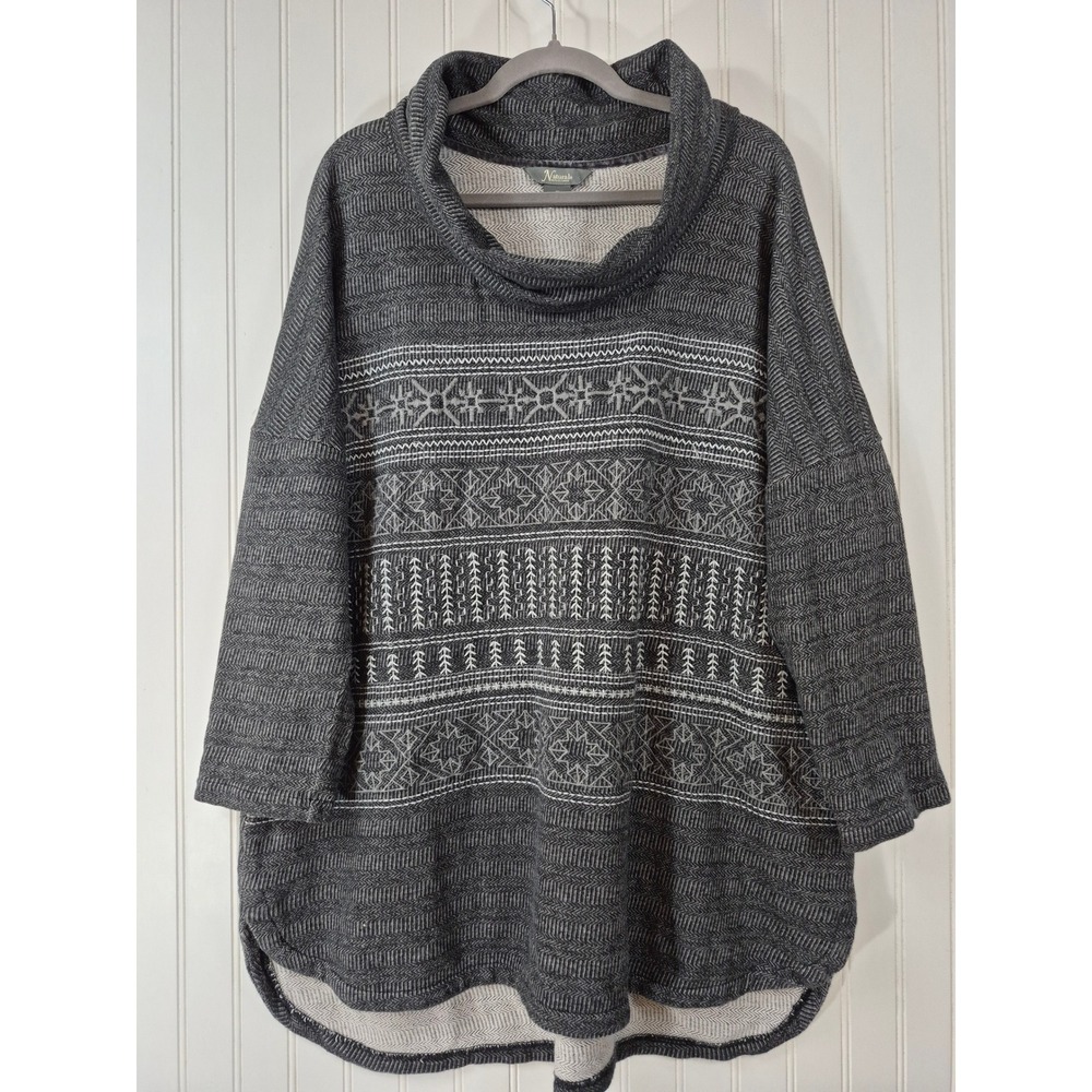 Natural Reflection Oversized Gray Fair Isle Cowl Neck Tunic Top 1XL 3/4 Sleeve
